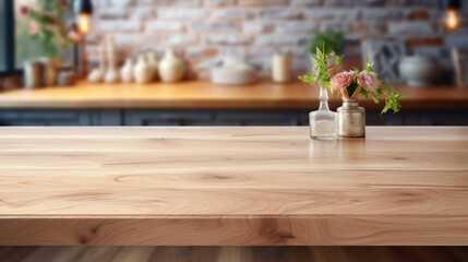Naklejka na ściany i meble smooth wood table surface set against a softly blurred kitchen background