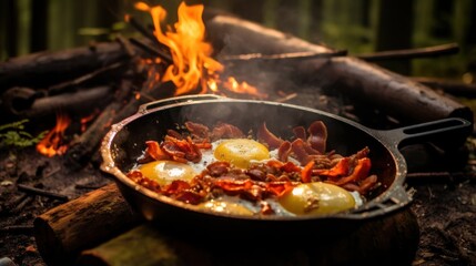 A camping breakfast featuring bacon and eggs cooked in a cast iron skillet.
