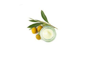 Jar of natural olive cream with olive oil extract isolated on white background. Cosmetic tube. Moisturizing cosmetic cream for skin. Body care. Beauty concept. Hand cream.