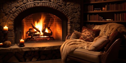 AI Generated. AI Generative. Vintage retro classic fireplace at rural countryside nook with armchair and many bookd around. Graphic Art - obrazy, fototapety, plakaty
