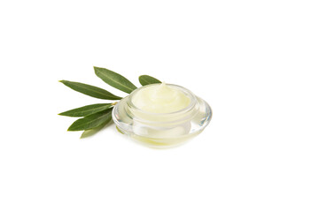 Fototapeta na wymiar Jar of natural olive cream with olive oil extract isolated on white background. Cosmetic tube. Moisturizing cosmetic cream for skin. Body care. Beauty concept. Hand cream.