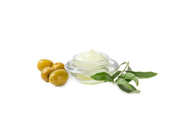 Jar of natural olive cream with olive oil extract isolated on white background. Cosmetic tube. Moisturizing cosmetic cream for skin. Body care. Beauty concept. Hand cream.