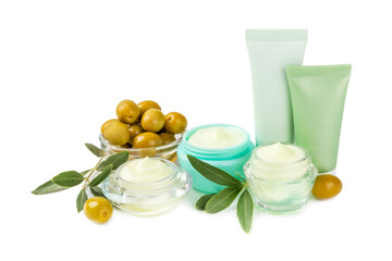 Jar of natural olive cream with olive oil extract isolated on white background. Cosmetic tube. Moisturizing cosmetic cream for skin. Body care. Beauty concept. Hand cream.