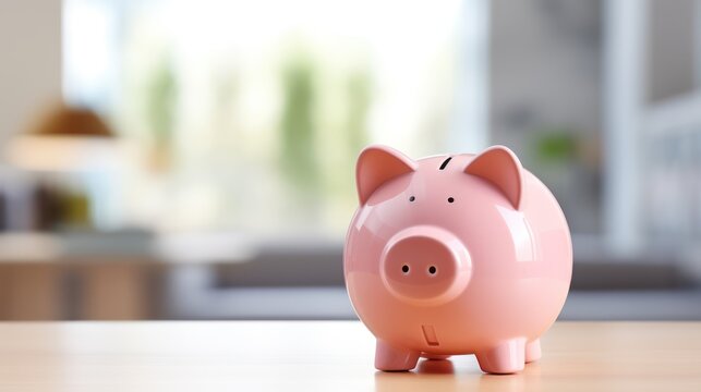 pink piggy bank stands prominently on a table, symbolizing savings and financial growth