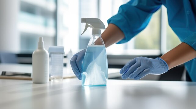 Professional cleaning personnel disinfecting an office desk with sprays and wipes.