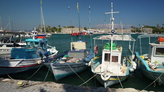 Fishing boats in Kos Harbour from elevated position, Kos Town, Kos, Dodecanese, Greek Islands