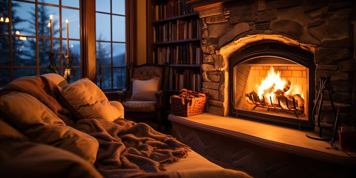 AI Generated. AI Generative. Vintage retro classic fireplace at rural countryside nook with armchair and many bookd around. Cozy chilling warm relaxing vibe