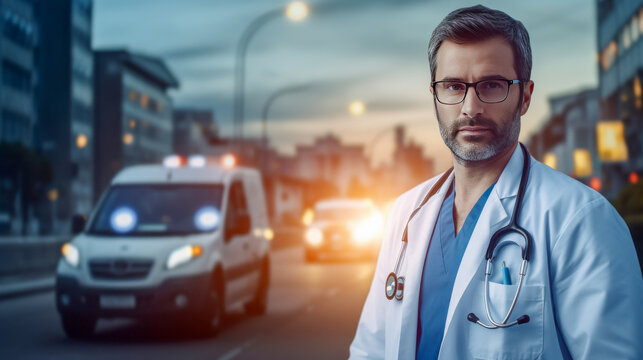Image of a Emergency doctor with ambulance behind driving through the city. Blur bokeh.