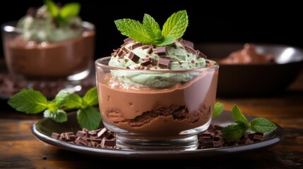 Rich chocolate mousse garnished with mint, elegantly served