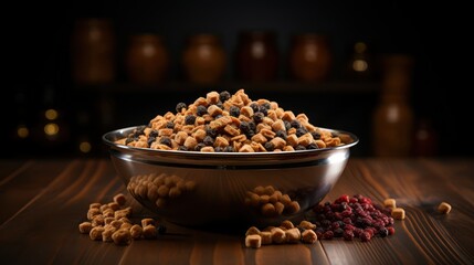 metallic bowl filled to the brim with premium dog food, set against a contrasting black wooden backdrop - obrazy, fototapety, plakaty