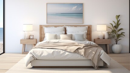 luminous bedroom adorned with white furnishings and captivating art
