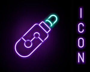 Glowing neon line Electronic cigarette icon isolated on black background. Vape smoking tool. Vaporizer Device. Colorful outline concept. Vector