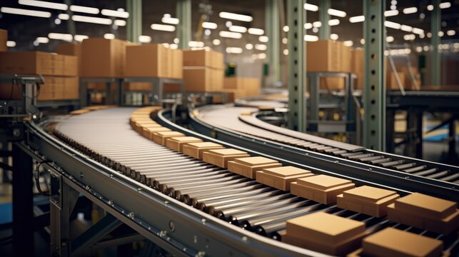 A Conveyor Belt on the Factory Floor with Boxes.