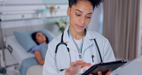 Woman, doctor and tablet in research for medical, healthcare or Telehealth in communication at hospital. Female person, nurse or surgeon on technology for networking, study or online search at clinic