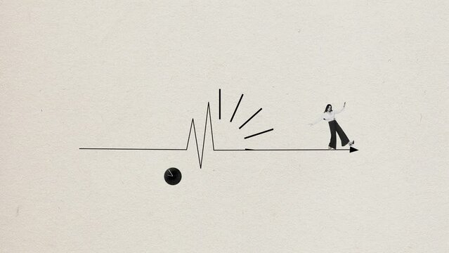 Stop motion. Animation. Business woman, office worker going on arrow trying to find work and life balance over light studio background. Creative artwork