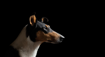 tricolor smooth collie dog profile head portrait on a black background in the studio - Powered by Adobe
