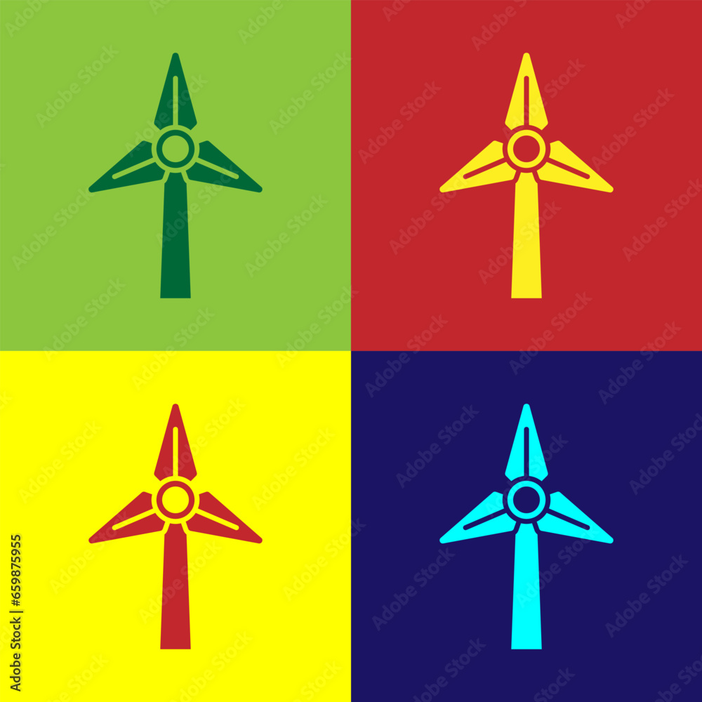 Poster Pop art Wind turbine icon isolated on color background. Wind generator sign. Windmill for electric power production. Vector