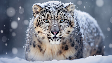 Naklejka premium Snow leopard with long taill, sitting in nature stone rocky mountain habitat