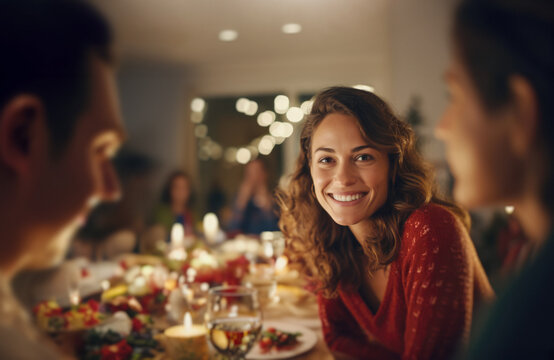 At Christmas time, the family gathers around the table to share a festive meal. A beautiful young woman smiles at the camera. Generative ai