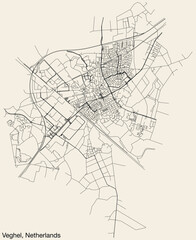Detailed hand-drawn navigational urban street roads map of the Dutch city of VEGHEL, NETHERLANDS with solid road lines and name tag on vintage background
