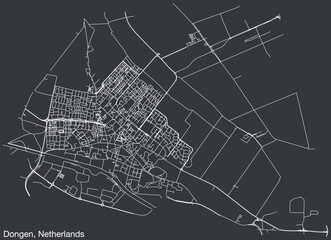 Detailed hand-drawn navigational urban street roads map of the Dutch city of DONGEN, NETHERLANDS with solid road lines and name tag on vintage background