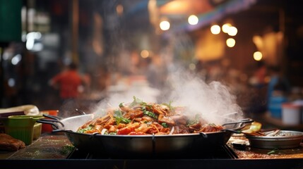 In a minimalist frame, a street food dish, steam rising, contrasts with the market's busy surroundings.