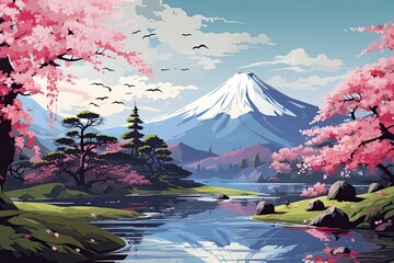 colorful pink blossom trees beautiful landscape illustration