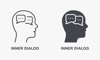 Personality Cognition, Dialog with Yourself Pictogram. Internal Conversation, Think Process Sign Collection. Inner Dialog in Human Head Silhouette and Line Icon Set. Isolated Vector Illustration