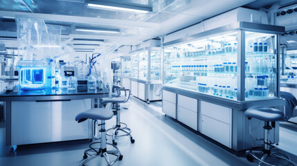 Modern laboratory. Interior of modern research laboratory. Science and technology theme - obrazy, fototapety, plakaty