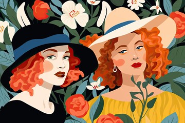 beautiful young women with red hair floral design illustration