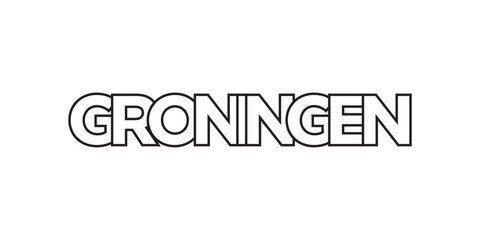 Groningen in the Netherlands emblem. The design features a geometric style, vector illustration with bold typography in a modern font. The graphic slogan lettering.
