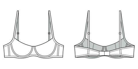 Brassiere technical fashion illustration. A Brassiere fashion flat technical drawing template, front view, back view, form-fitting, undergarment, white color, women, CAD mockup set.