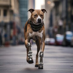 A dog with prosthetic legs