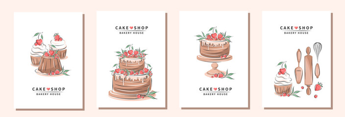 Set of design sample flyers for pastry and bread shop, cooking, dessert, sweet products. Cake shop, bakery house. Vector illustration for poster A4, banner, menu, advertising.