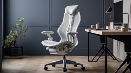An ergonomic chair placed against a simple backdrop.