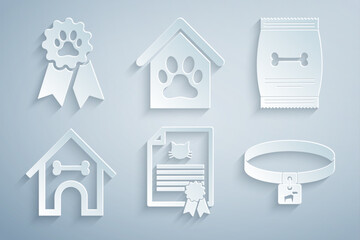 Set Certificate for dog or cat, Bag of food pet, Dog house and bone, collar, paw print and Pet award symbol icon. Vector