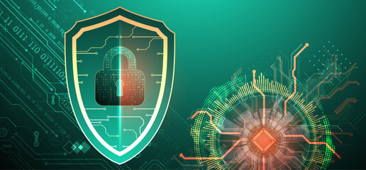 Fototapeta premium Technological abstract background on the topic of information protection and computer security. .Shield with the image of a padlock in the middle.