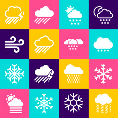 Set Cloud with rain, Snowflake, snow, and sun, and Wind icon. Vector