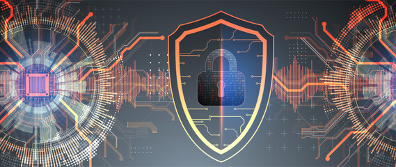 Technological abstract background on the topic of information protection and computer security. .Shield with the image of a padlock in the middle.