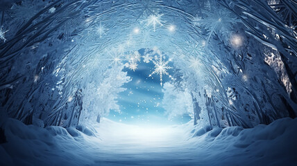 round ice frosty arch festive night evening, frame outside, presentation winter greeting card