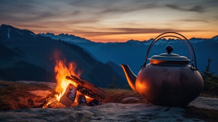 At sunset, a campfire and teapot stand against the backdrop of a tent and mountains.