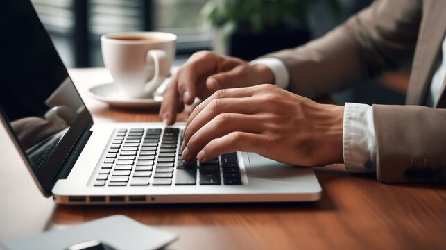 Hands typing on a keyboard with reports and a cup of coffee on the desk.