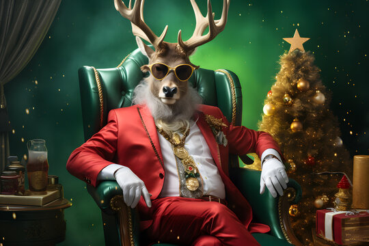 Modern wealthy Christmas deer with hipster sunglasses, golden chain and watch, in red suit sitting like a pimp in the chair. Trendy creative animal concept banner. 
