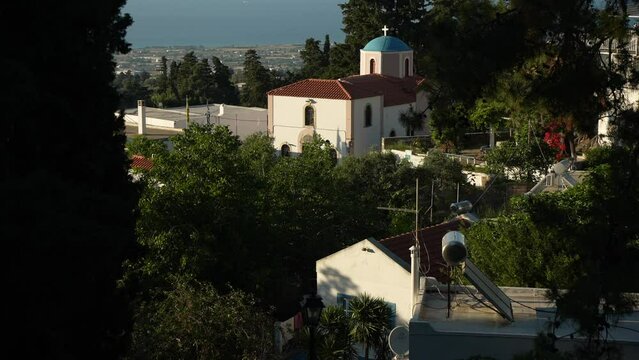Greek Orthodox Church overlooking sea and Zia village, Kos, Dodecanese, Greek Islands