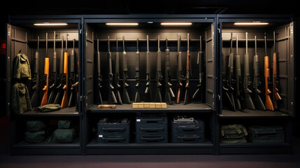 Safe for firearms. The inside of a gun cabinet. Safe storage of rifles, carbines, pistols. Black interior and gun holders. - obrazy, fototapety, plakaty