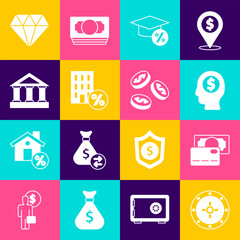 Set Safe, Credit card, Business man planning mind, Graduation cap and coin, House with percant discount, Bank building, Diamond and Coin money dollar icon. Vector