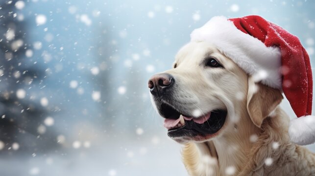 A cute, big dog with a Santa Claus hat in a snowy scene during the Christmas holidays.