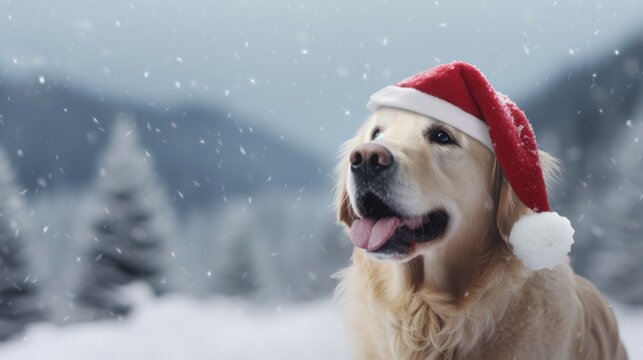 Adorable dog donning a Santa Claus hat in a snowy winter landscape.