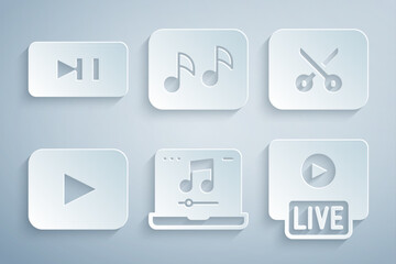 Set Laptop with music, Music or video editing, Play button, Live stream, note, tone and Pause icon. Vector