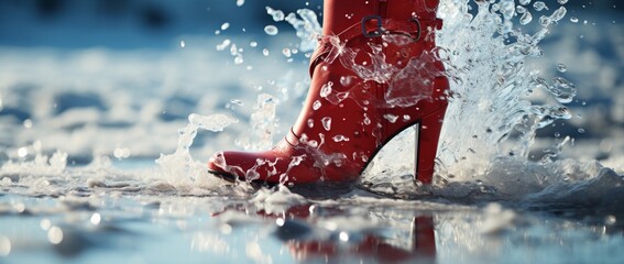 A red boot with high heel making splash on frozen snow. Winter style concept. Generative AI - obrazy, fototapety, plakaty